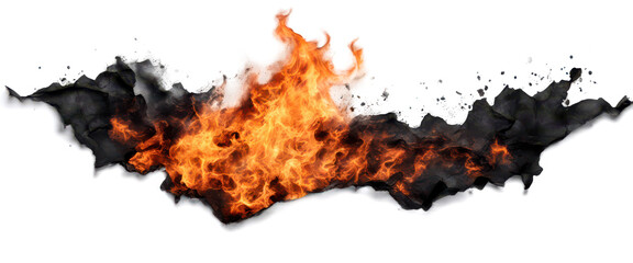 Row of Burnt paper edges with fire and dark ash isolate on transparent background, cutout, png