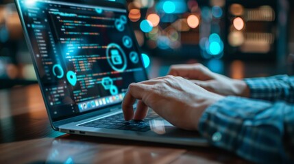 Write about the cybersecurity measures necessary when using a laptop in an office environment. Describe VPN usage, encryption protocols,