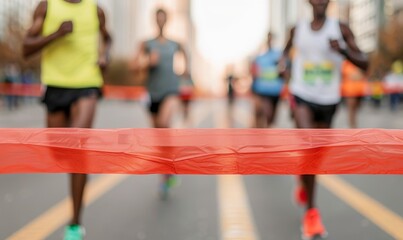 marathon finish line runners blurred red ribbon goal achievement success urban city street