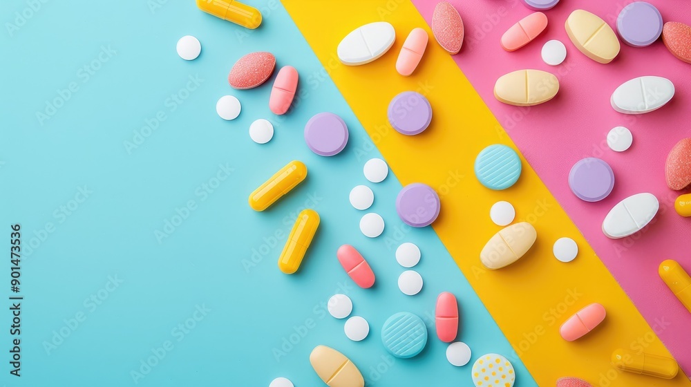 Poster Top view of pills on colorful background with text space