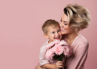 A Son's Gesture of Love: Flower for Mom Against a Baby Pink Background
