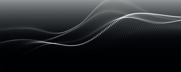 Futuristic dot wave. Abstract digital particle wave. Technology background. Black and white musical wave. Dark background. Digital background with smooth wavy curves. 3D vector illustration