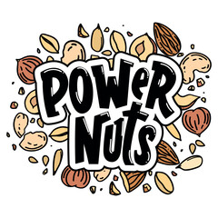 vector hand drawn logo power nuts with nuts in the doodle style on a white background
