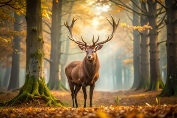Fototapeta premium Majestic bull elk with massive antlers stands amidst autumn foliage, surrounded by misty forest atmosphere, casting a gentle shadow on the rustic woodland floor.