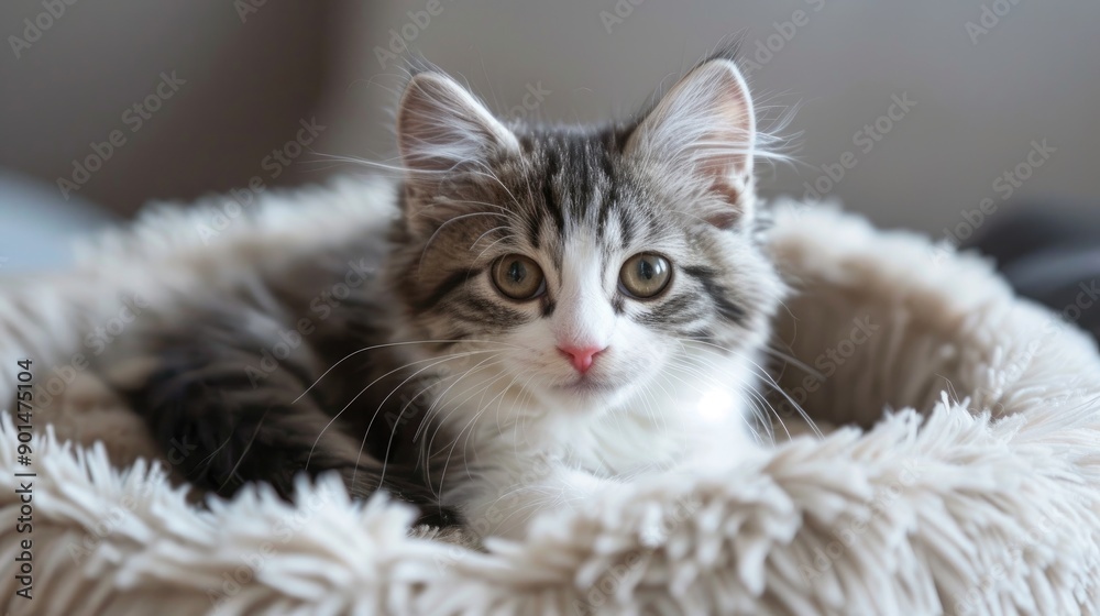 Poster nervous grey and white tabby kitten in fluffy bed