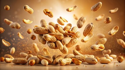 Roasted peanuts burst in mid-air, scattering in a joyful explosion of golden brown goodness, set against a clean, neutral background, perfect for food advertising.