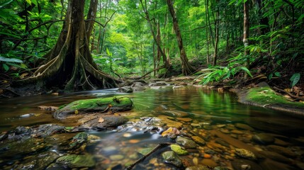 Obraz premium Lush green rainforest with a tranquil stream winding through, showcasing vibrant foliage, moss-covered rocks, and serene natural beauty.