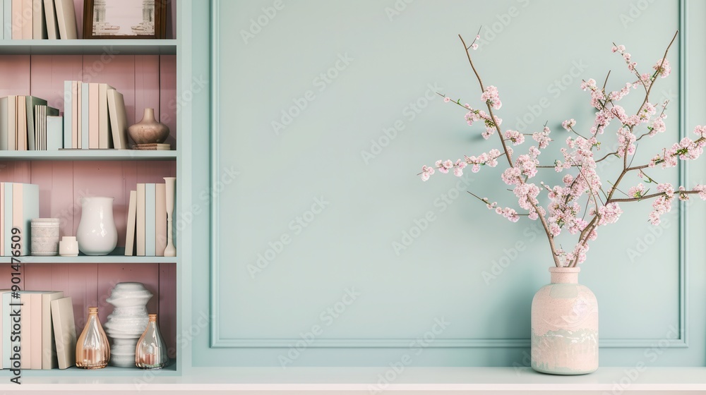 Aufkleber a shelf unit displays decorative books, vases, and photo frames beneath a soft pastel wall, creating