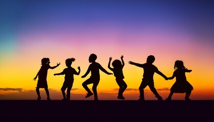 silhouettes of children playing and dancing on sunset with copy space