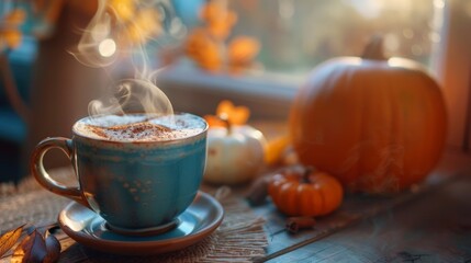 autumn beverage comfort, the aroma of spiced chai latte, a comforting autumn drink, with steam rising from a freshly brewed cup, creates a cozy vibe