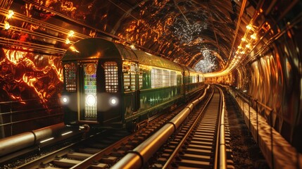Obraz premium Scifi Subway Futuristic Underground Train with Periodic Table Decor and Science Trivia Explore the Wonders of Chemistry on Your Commute