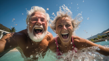 Happy Elderly Couple Enjoying A Fun Day Swimming Outdoors