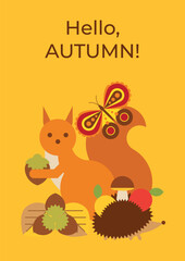 Autumnal background with a squirrel holding a nut, a hedgehog carrying apples, and a butterfly. Hello autumn postcard with cute forest animals, butterfly and autumn fruits. Poster, banner, flyer