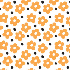 Hand drawn cute flower with polk dots  seamless pattern. Orange color flowers on white background.