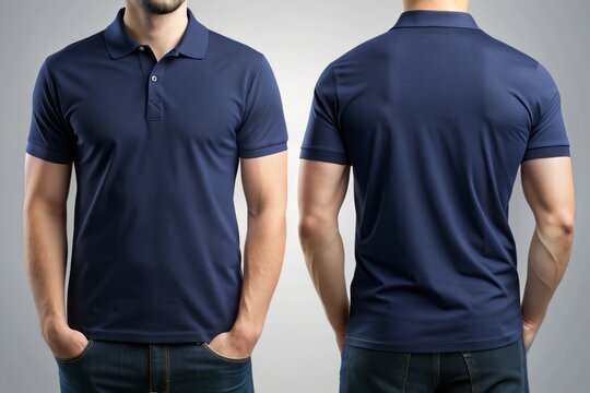 Sleek dark blue polo shirt mockup with blank front and back, ideal for showcasing custom designs, logos, or text, with a versatile and modern aesthetic.