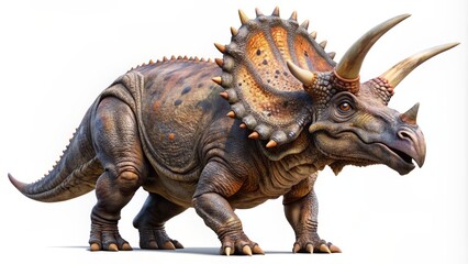 Fototapeta premium A prehistoric Triceratops dinosaur with distinctive frill and three horns stands alone on a transparent background, showcasing its massive body and ancient features.