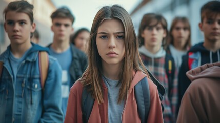 Fototapeta premium Group of Teenagers in a School Yard Expressing Gloomy Emotions
