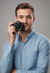 Fototapeta premium Portrait view of a regular Photographer , candid, social media, avatar image, plain solid background
