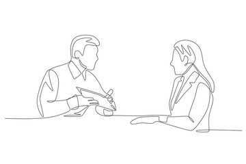 Two employees are excitedly discussing the briefing. Business briefing concept one-line drawing