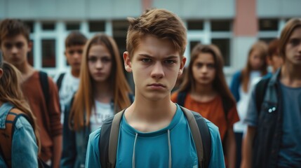 Fototapeta premium Gloomy Group of Teenage Students Standing in the Schoolyard