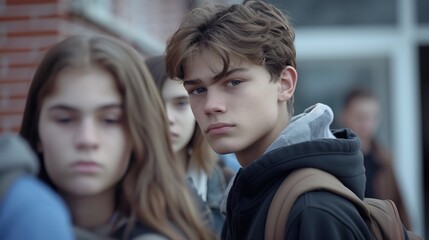 Fototapeta premium Gloomy Group of Teenagers in School Yard Conveying Emotions of Adolescence