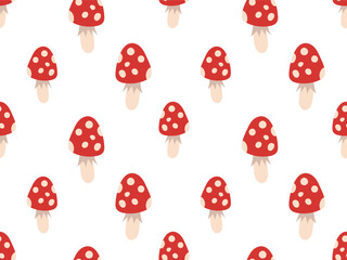 Seamless pattern with cartoon Fly agarics on white background Vector illustration of cute Fly agaric