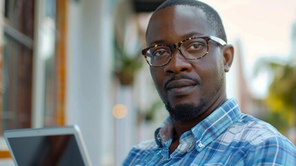 Naklejka premium Man with Glasses Using Tablet