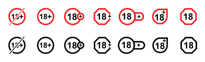 warnings minors 18 years old, black and red icons, illustration of century restriction on white background eps10