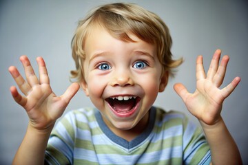 Joyful childhood captured: Bright-eyed kid beams with delight, infectious grin spreading across face, carefree laughter frozen in time, against a crisp transparent backdrop.