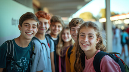Fototapeta premium Group of Happy Teenagers Smiling and Standing Together in School Yard