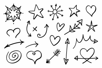 set of Sketch line arrow element, star, heart shape. Hand drawn doodle sketch Vector illustration