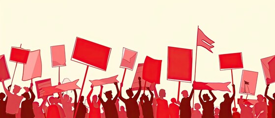 Crowd of People Protesting with Red Signs