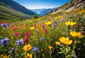 Fototapeta premium serene mountain valley filled vibrant wildflowers under clear blue sky amidst lush greenery, alpine, beauty, botanical, cliffs, colors, earthy, expanse, flora