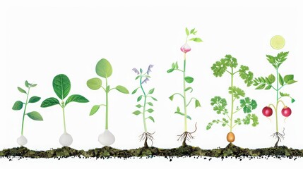 Diagram of a plant's life cycle, from seed germination to flowering and fruit production, illustrating each growth stage.