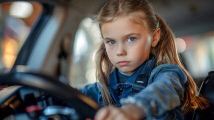 Young Girl Pretending to Drive a Car