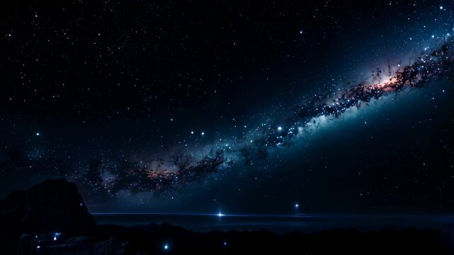 Video footage of night sky filled with stars, showcasing a prominent view of the Milky Way galaxy. The galaxy&rsquo;s dense cluster of stars and cosmic dust creates a bright