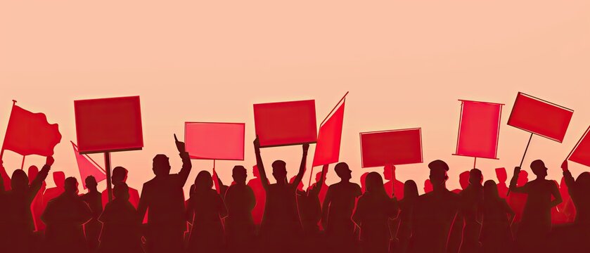 Silhouette of Protesters with Flags and Banners