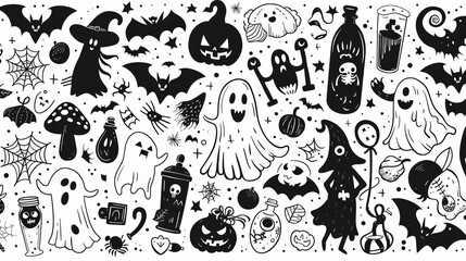 spooky halloween pattern, adorable halloween doodle motifs featuring ghosts, graveyards, witchs potions, and black cats create a charmingly eerie design