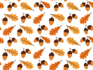 Autumn pattern with fallen oak leaves and acorns on white background