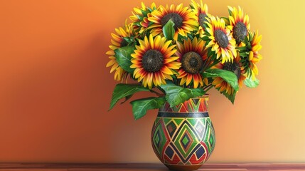 Elegant Art Deco Vase Adorned with Geometric Patterns Showcasing Vibrant Sunflowers on Display.