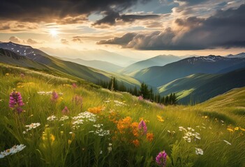 Obraz premium serene meadow lush greenery under dramatic cloudy sky capturing tranquil beauty, grass, field, nature, landscape, outdoor, scene, scenery, countryside