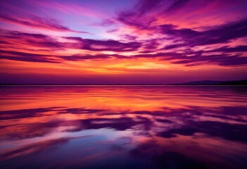 Obraz premium serene sunset over calm lagoon reflective water silhouetted horizon under vibrant sky, reflection, colorful, evening, dusk, twilight, orange, pink, yellow