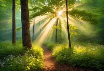 Obraz premium sun rays filtering through dense woods illuminating forest floor atmospheric light beams, tree, foliage, green, nature, landscape, outdoor, bright, glow