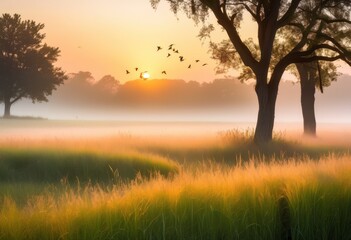 Fototapeta premium sunrise illuminating serene pasture gentle light soft colors creating tranquil idyllic landscape scene, dawn, morning, daybreak, sky, grass, field, horizon