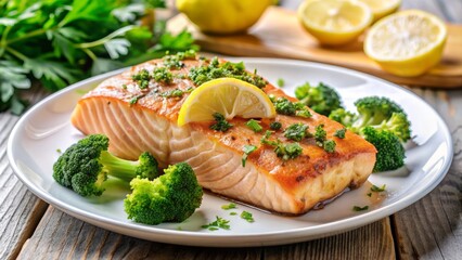 Freshly grilled salmon fillet served with charred broccoli florets and a slice of bright yellow lemon, garnished with parsley, on a sleek white dinner plate.