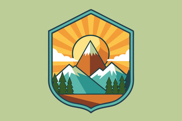 sun badge illustration of nature mountain, nature mountain shield