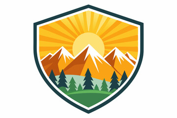 sun badge illustration of nature mountain, nature mountain shield