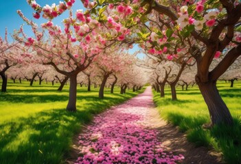 Naklejka premium orchard full bloom vibrant blossoms lush greenery serene natural setting, nature, tree, flower, branch, sunlight, pink, white, petal, leaf, garden, landscape