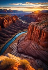 expansive canyon landscape featuring dramatic red rock formations under clear sky, natural, scenic, outdoor, geological, desert, erosion, cliff, mountain
