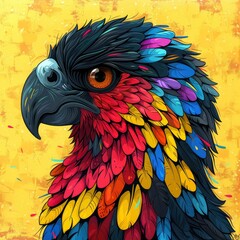Obraz premium Colorful Bird Portrait with Detailed Feathers and Yellow Background